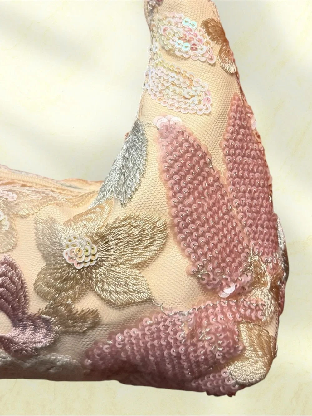 Embroidered Floral Sequin Shoulder Bag in Cream and Pink contrast butterfly - Picture 3 of 4